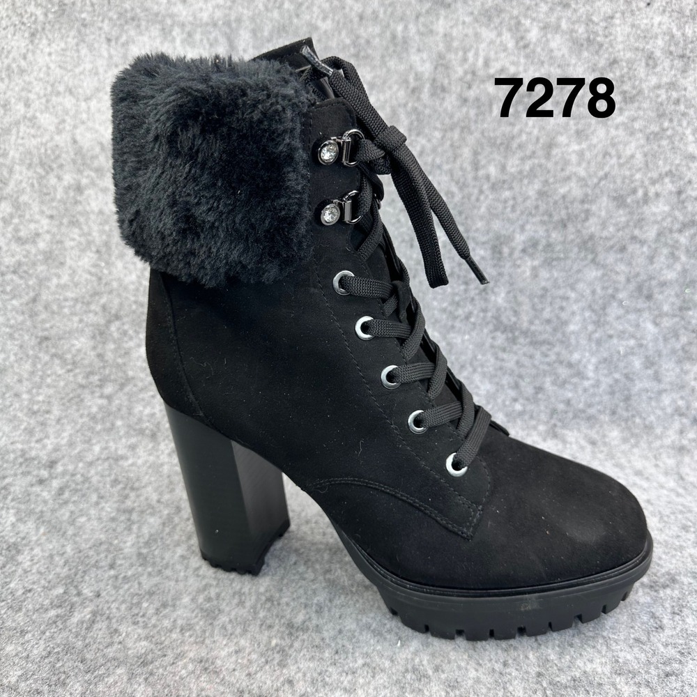GUESS Amiss Combat Boots Womens 8.5 Black Faux Suede Fur Trim Lace Up Heels